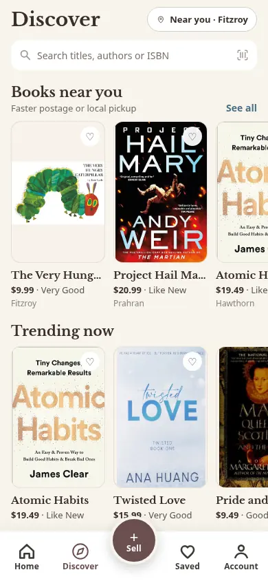 Discover screen in the Taled app. Listings shown are examples.
