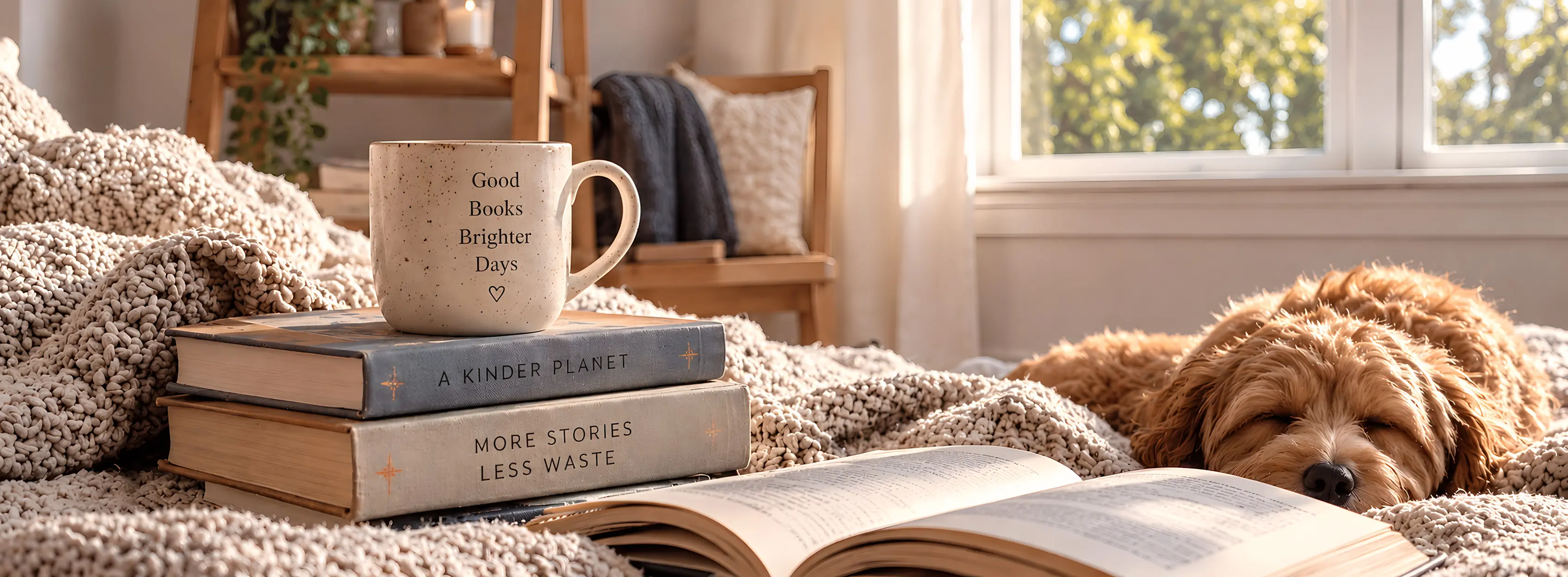 A dog asleep on a knitted blanket beside an open book.