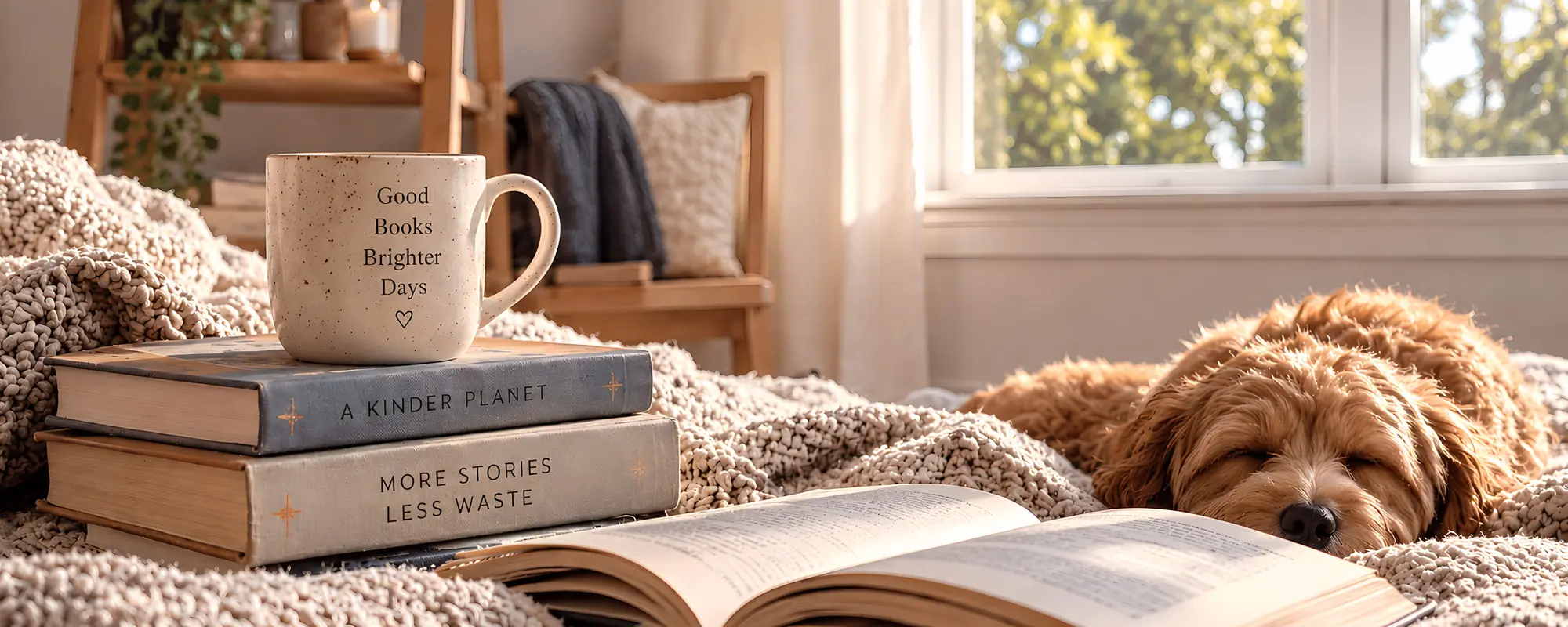 A dog asleep on a knitted blanket beside an open book.